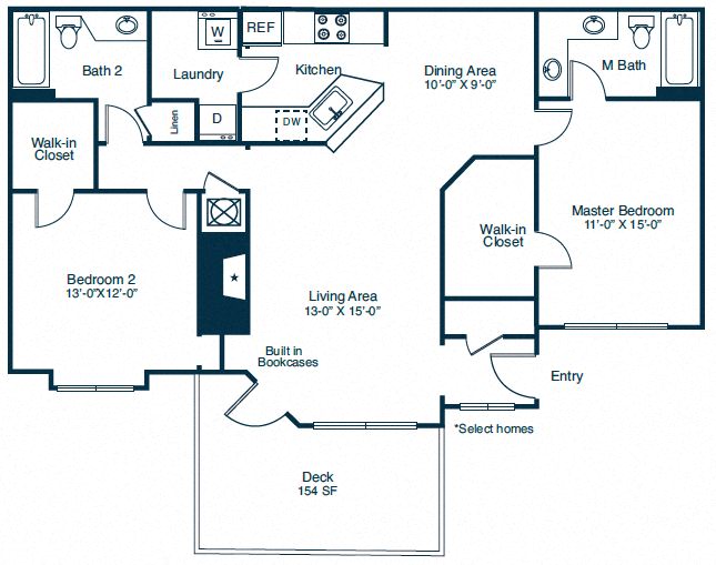 Floor plan for 2 beds, 2 baths, 1280 sqft